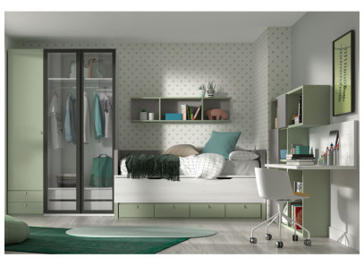 Habitación juvenil con cama compacta y armario en oferta