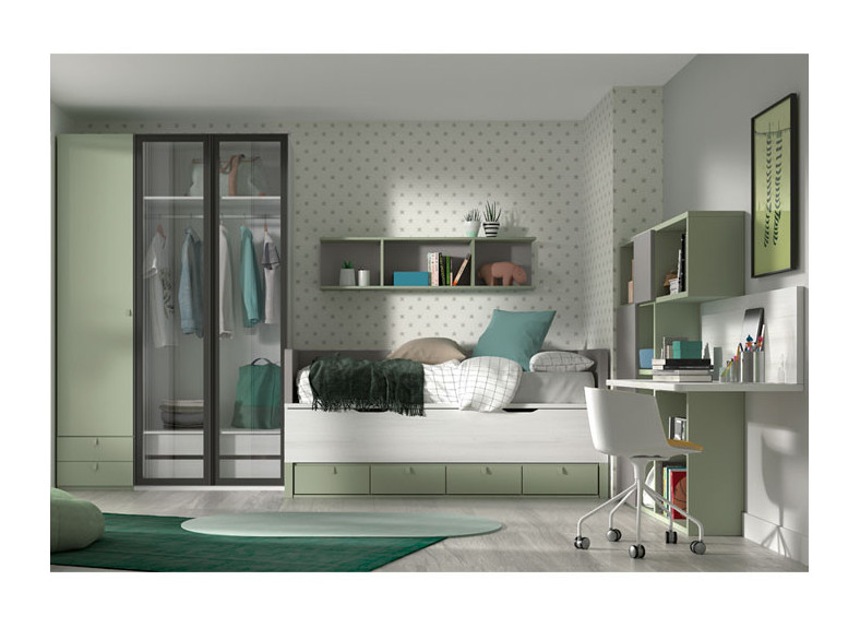 Habitación juvenil con cama compacta y armario en oferta