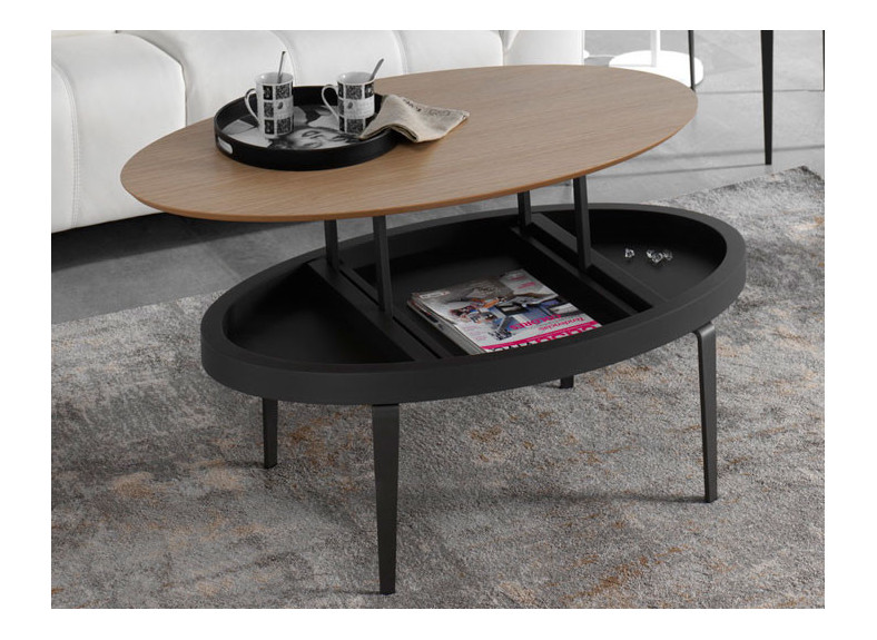 Mesa de centro elevable y forma elíptica