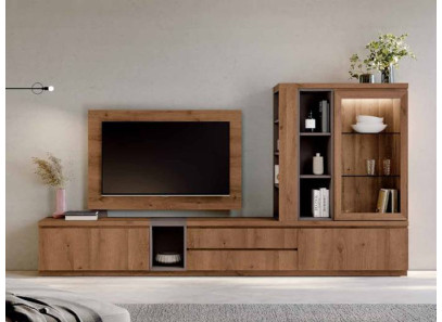 mueble de salón con vitrina y estantes