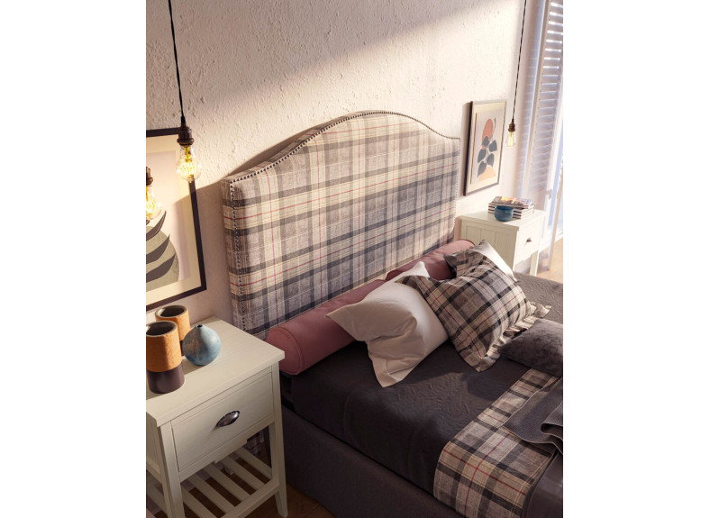 Dormitorio rústico de madera con cabezal tapizado