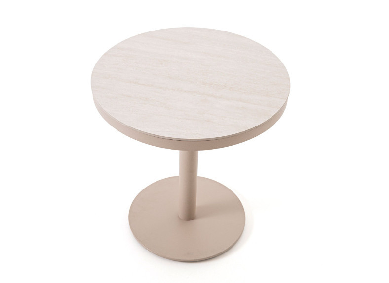 Mesa redonda de aluminio para exterior con tapa porcelánica modelo Andrea de GDeco, en Muebles Intermobel Valencia
