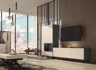 Salones modernos con mueble TV y vitrina en Valencia| Muebles Intermob