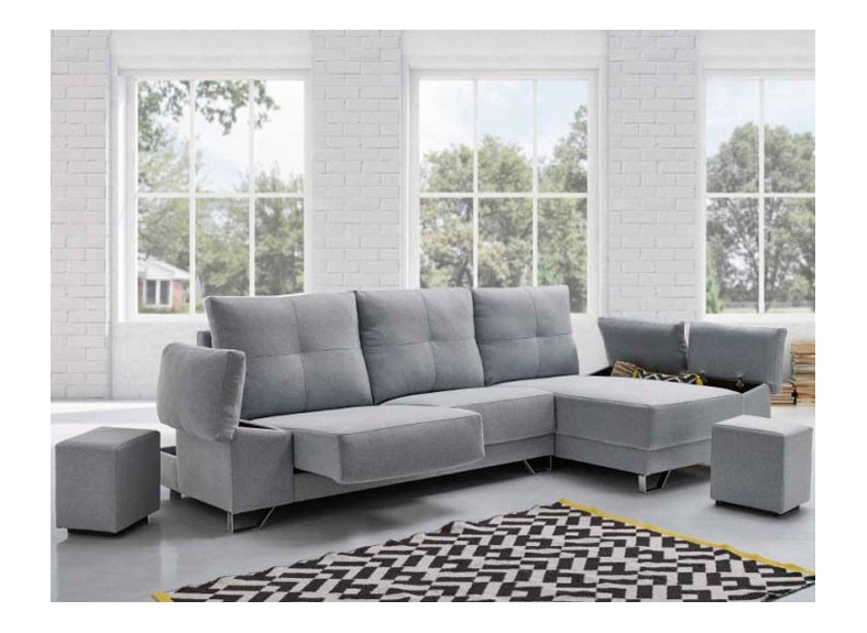 Sofá chaiselongue con arcones en los brazos y poufs
